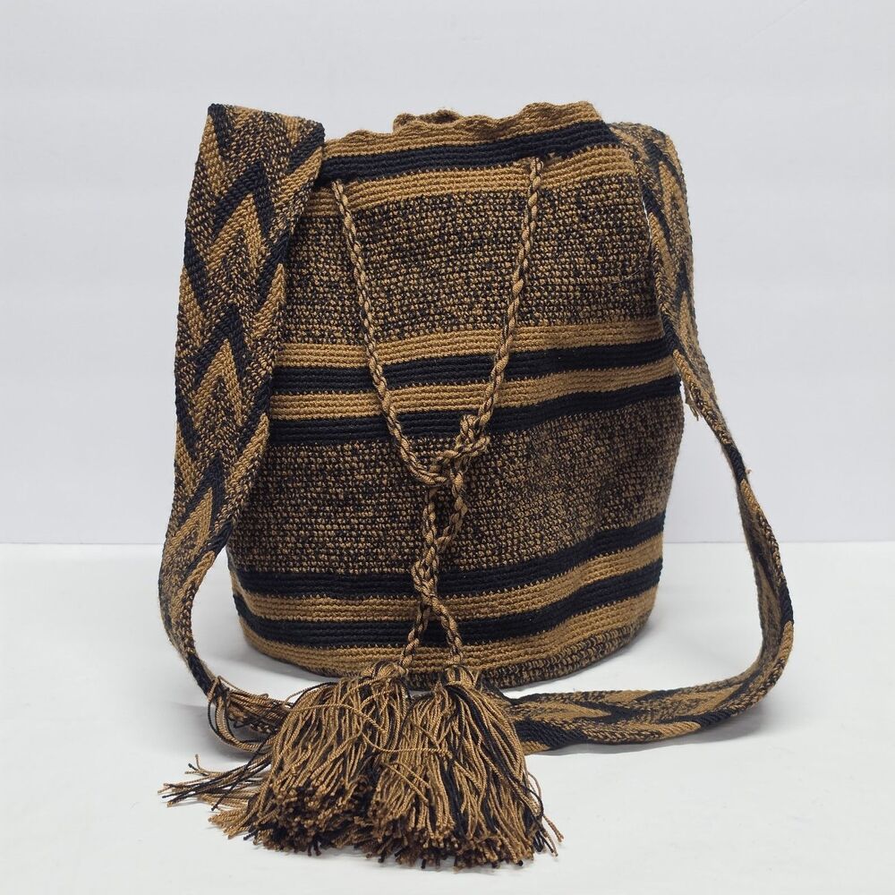 Wayuu Tribe Mochila Colombian Handmade Crochet Bucket Bag Tan Brown Boho Hippie